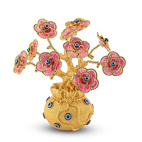 Resin Deco Evil Eye Bonsai Tree - Golden Yellow Pot with Pink Flowers (20 x 9cm)