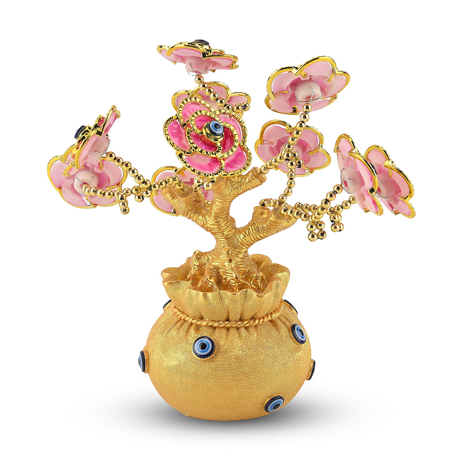 Resin Deco Evil Eye Bonsai Tree - Golden Yellow Pot with Pink Flowers (20 x 9cm)