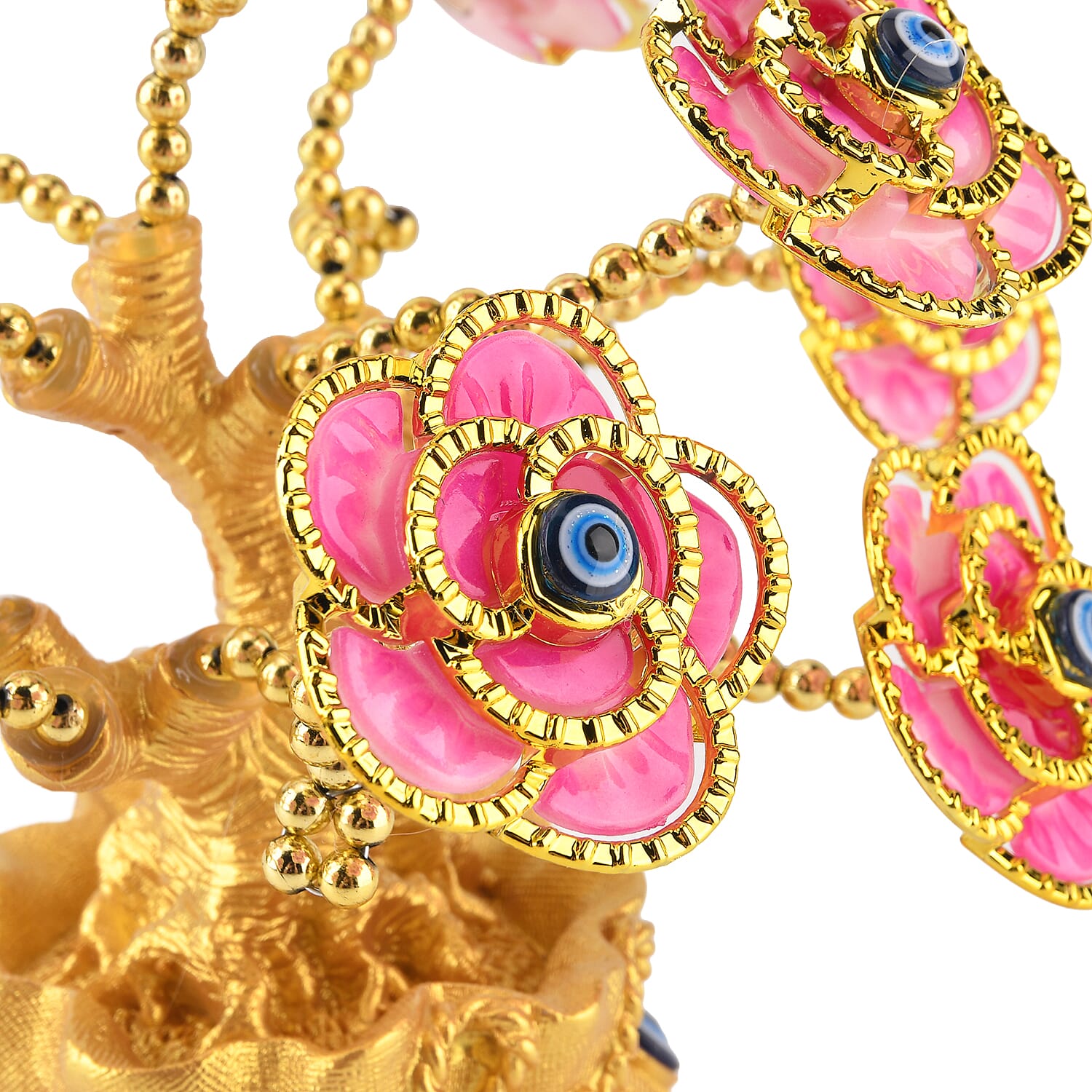 Resin Deco Evil Eye Bonsai Tree - Golden Yellow Pot with Pink Flowers (20 x 9cm)