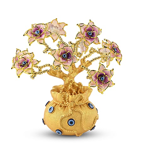 Resin Deco Evil Eye Bonsai Tree - Golden Yellow Pot with Light Pink Flowers (20 x 9cm)