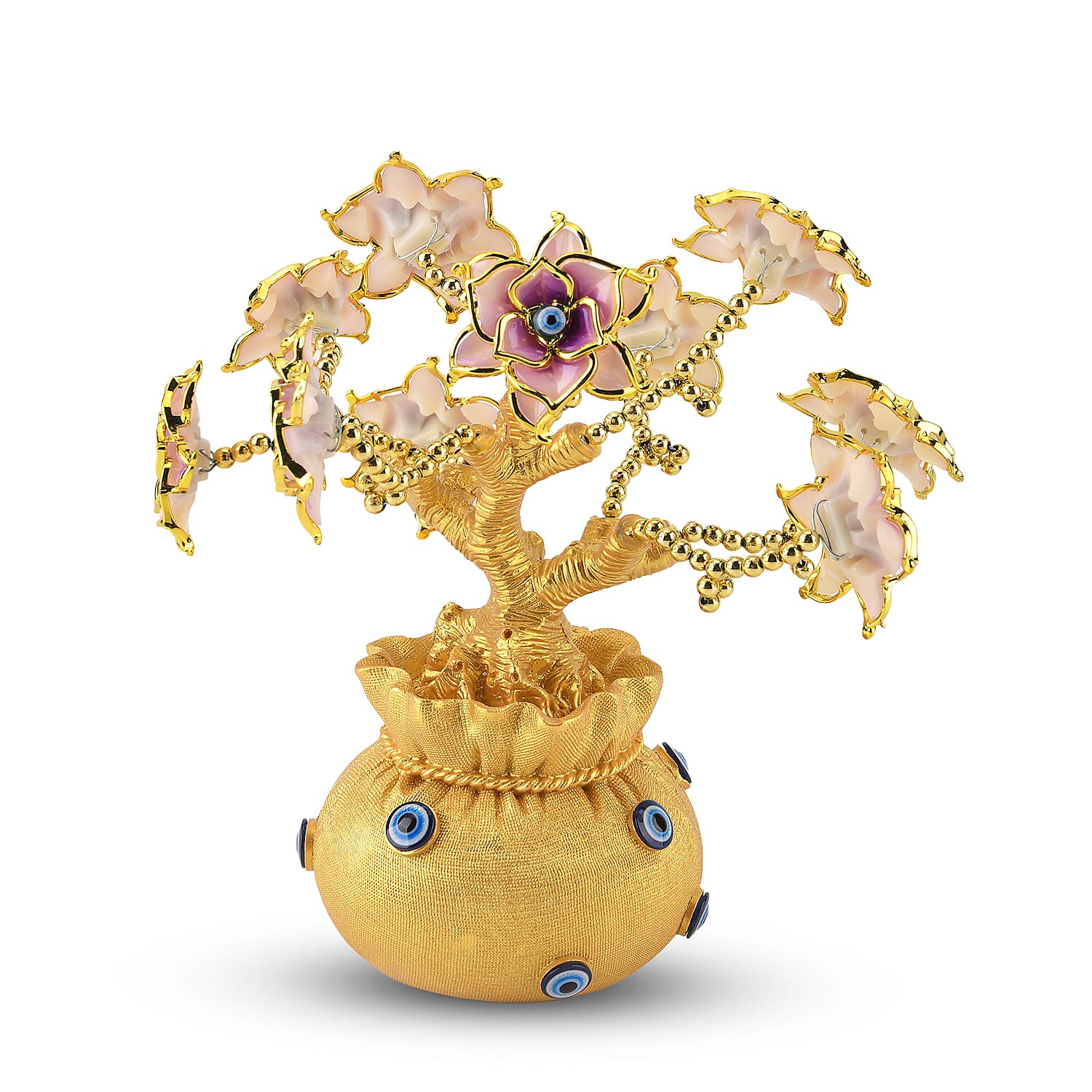 Resin Deco Evil Eye Bonsai Tree - Golden Yellow Pot with Light Pink Flowers (20 x 9cm)