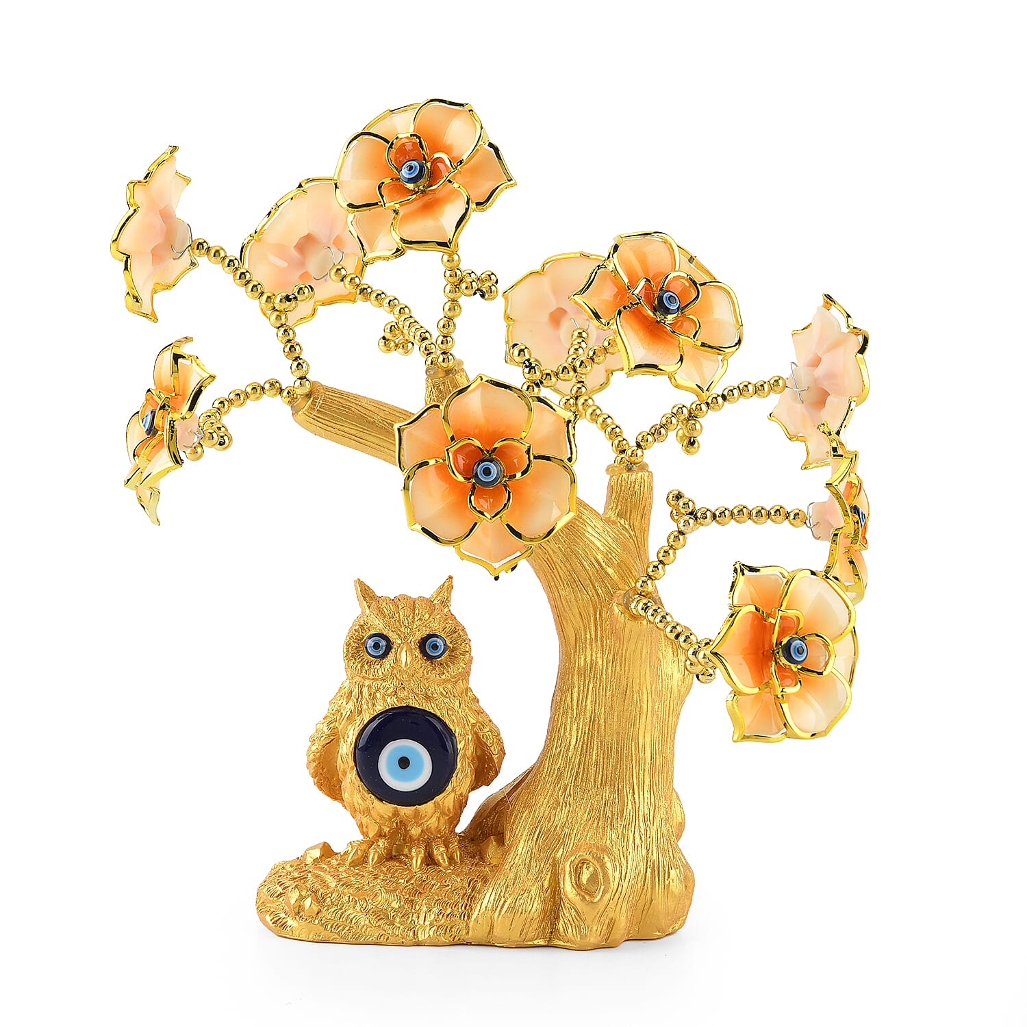 Feng Shui Fortune Tree & Protective Symbolism Owl Resin Figurine (20 x 9cm) - Yellow