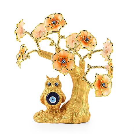 Feng Shui Fortune Tree & Protective Symbolism Owl Resin Figurine (20 x 9cm) - Yellow