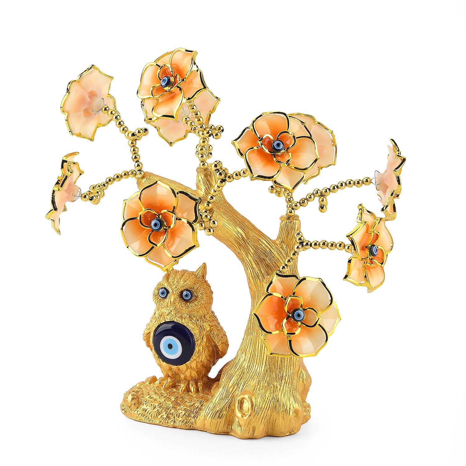 Feng Shui Fortune Tree & Protective Symbolism Owl Resin Figurine (20 x 9cm) - Yellow