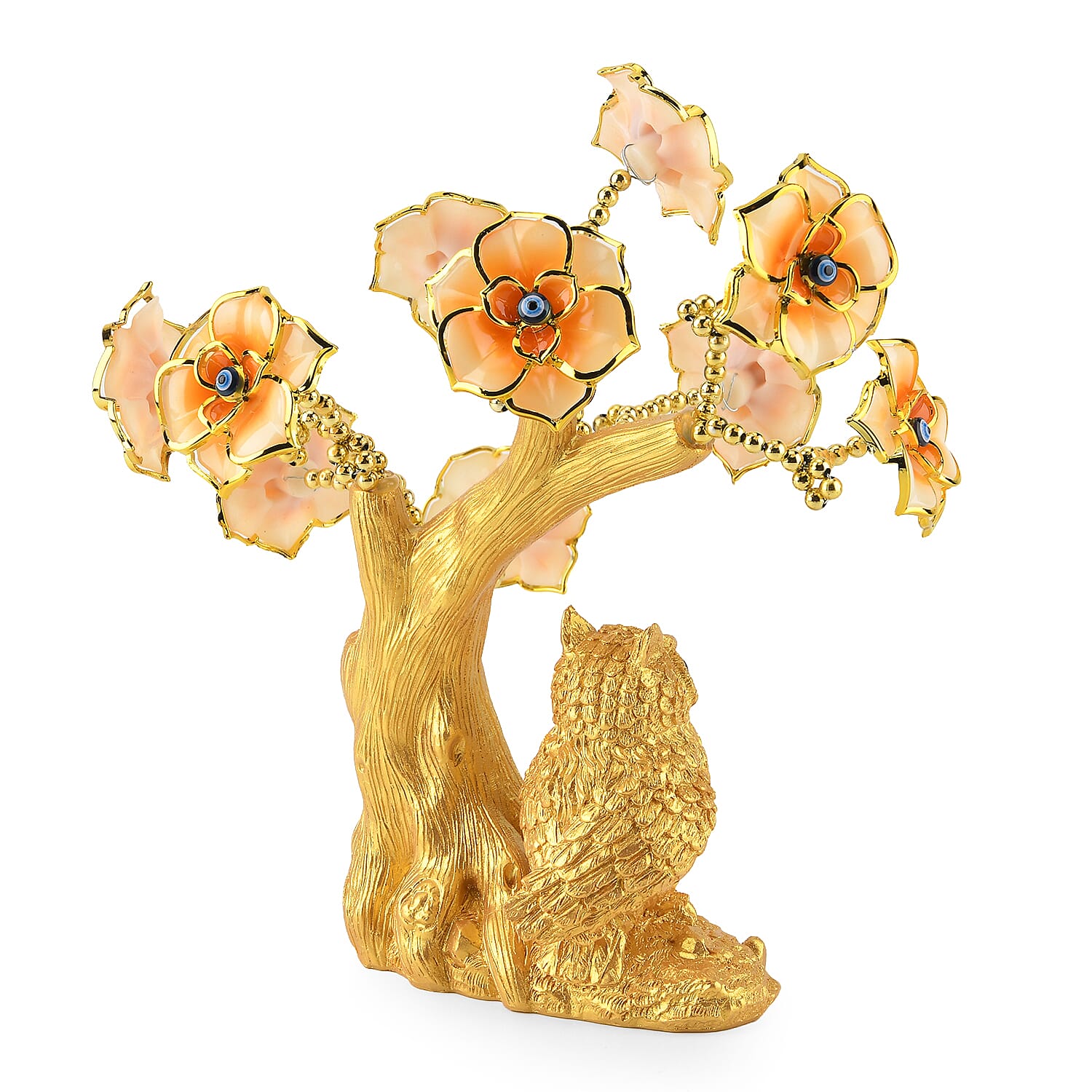 Feng Shui Fortune Tree & Protective Symbolism Owl Resin Figurine (20 x 9cm) - Yellow