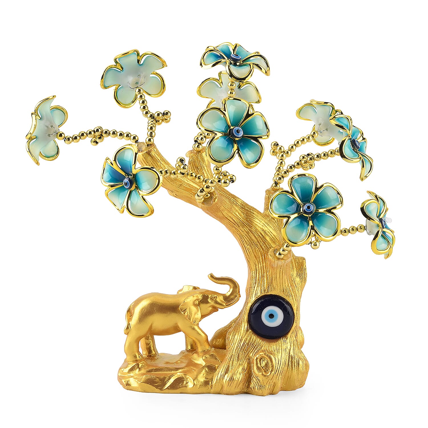 Resin Deco Elephant Evil Eye Bonsai Tree - Yellow Trunk Fortune Tree with Teal Flowers (20 x 9 cm)