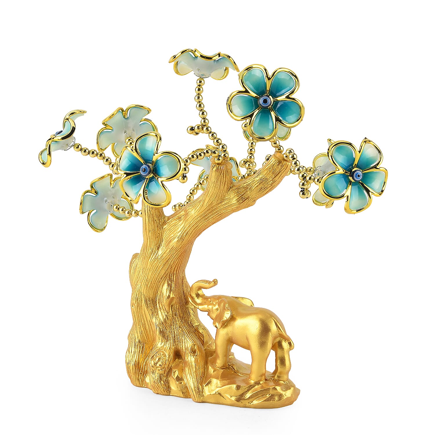 Resin Deco Elephant Evil Eye Bonsai Tree - Yellow Trunk Fortune Tree with Teal Flowers (20 x 9 cm)