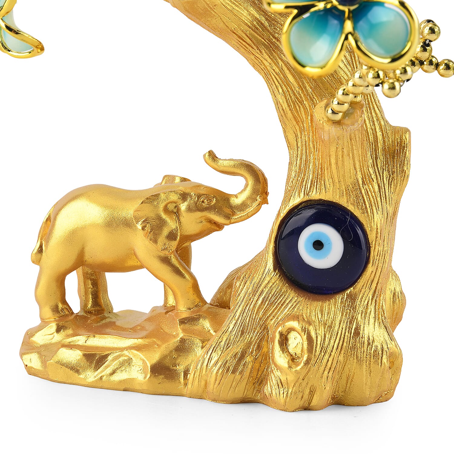 Resin Deco Elephant Evil Eye Bonsai Tree - Yellow Trunk Fortune Tree with Teal Flowers (20 x 9 cm)
