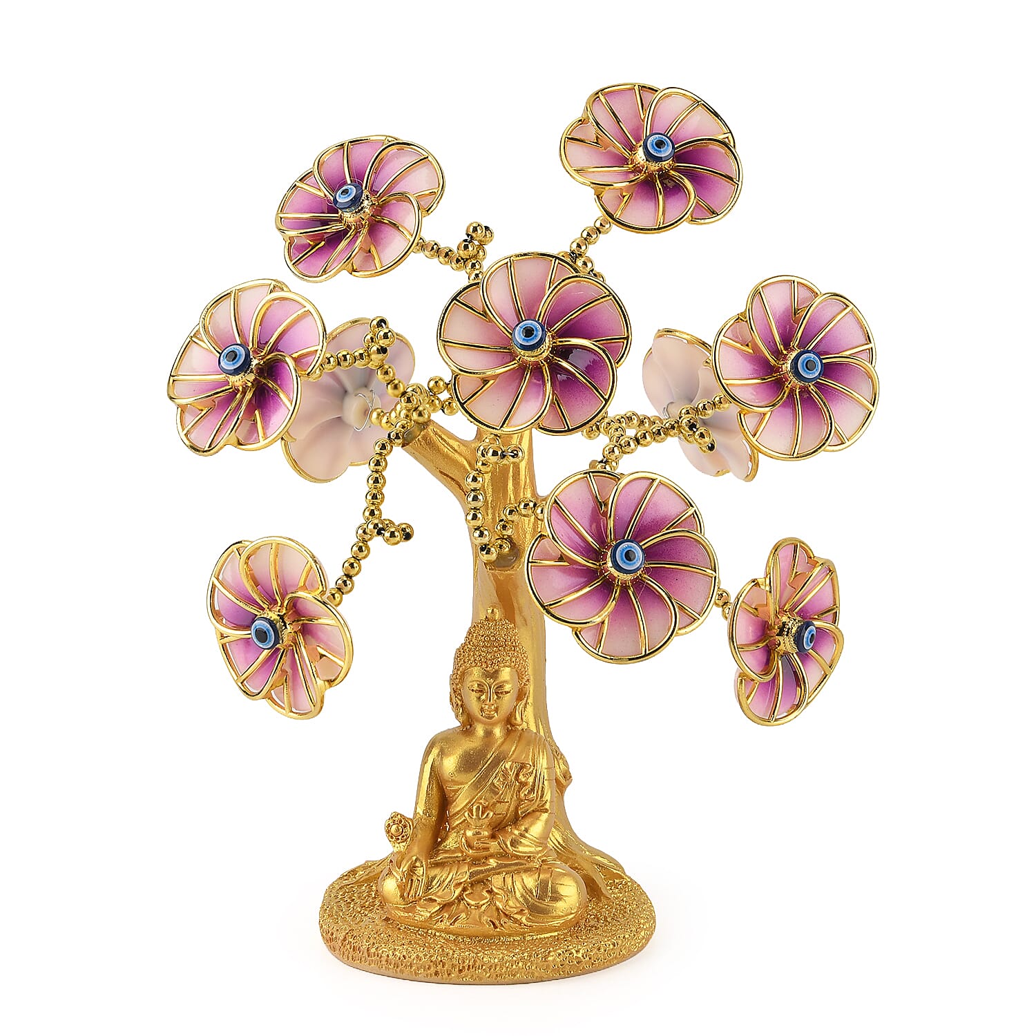 Resin Deco Buddha Bonsai Tree - Yellow Trunk Fortune Tree with Light Purple Flowers (20 x 9 cm)