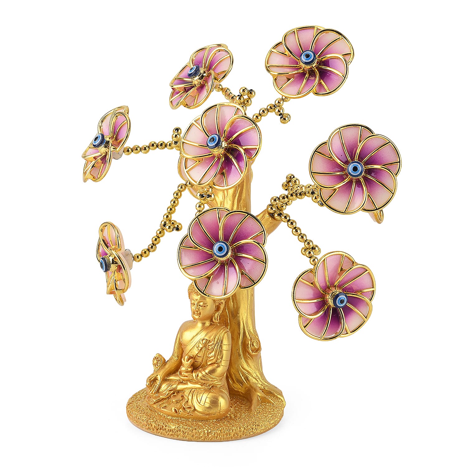 Resin Deco Buddha Bonsai Tree - Yellow Trunk Fortune Tree with Light Purple Flowers (20 x 9 cm)