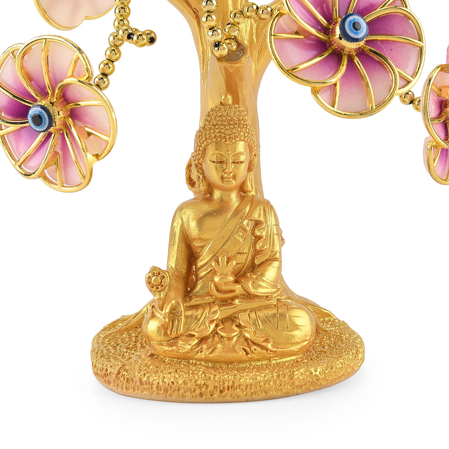 Resin Deco Buddha Bonsai Tree - Yellow Trunk Fortune Tree with Light Purple Flowers (20 x 9 cm)