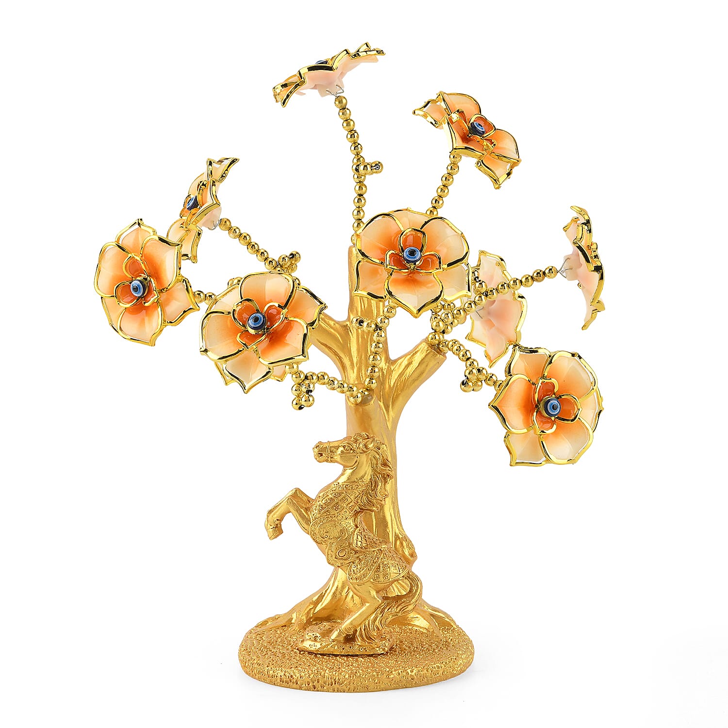 Resin Deco Horse Bonsai Tree - Yellow Trunk Fortune Tree with Flowers (20 x 9 cm)