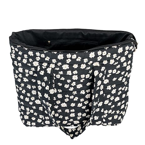 Coastal Quilted Floral Print Black Utility Tote Bag