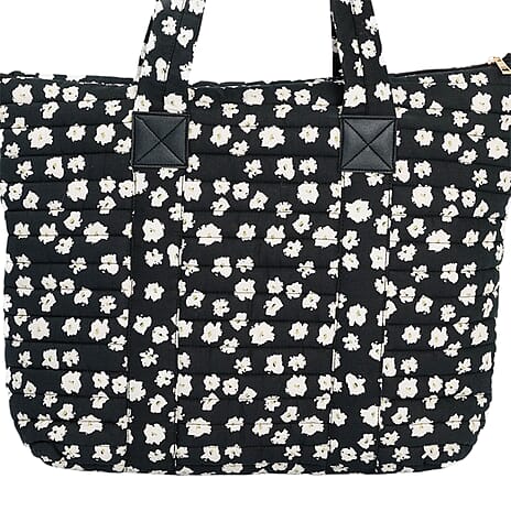 Coastal Quilted Floral Print Black Utility Tote Bag