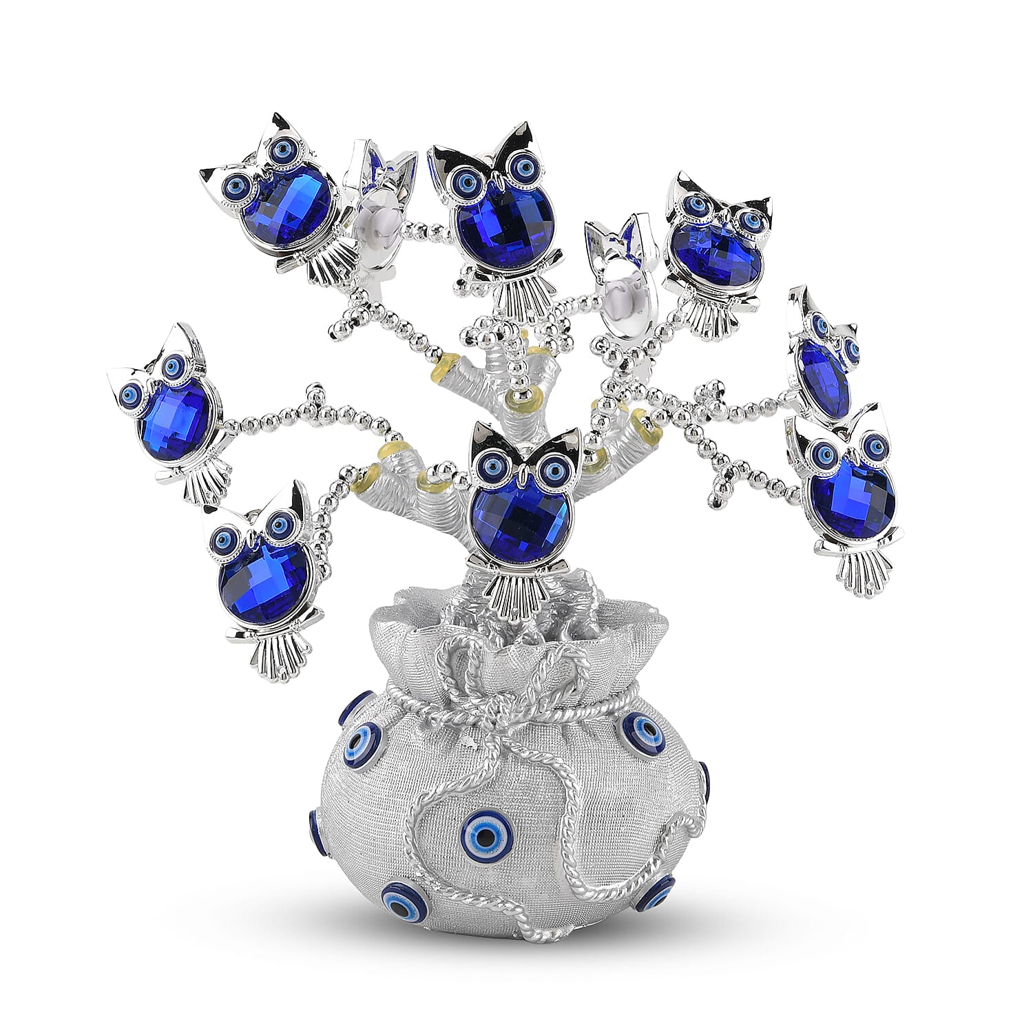 Resin Deco Evil Eye Owl Fortune Tree with Blue Owls (20 x 9 cm) - Silver