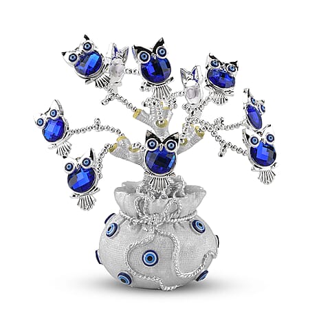 Resin Deco Evil Eye Owl Fortune Tree with Blue Owls (20 x 9 cm) - Silver