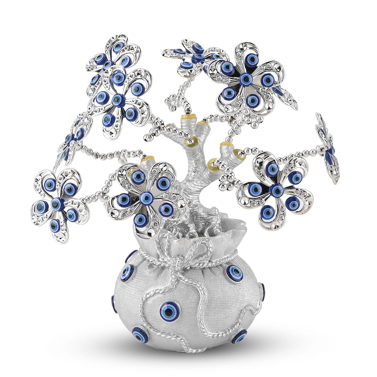 Resin Feng Shui Fortune Tree with Blue Flower (20 x 9 cm) - Silver