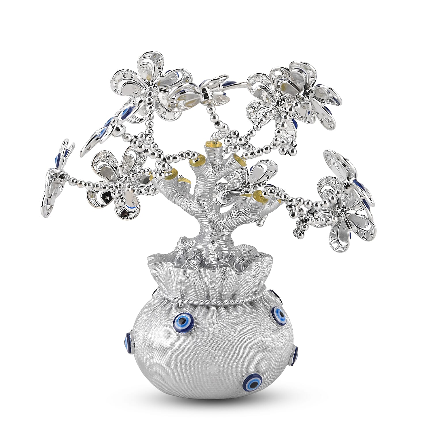 Resin Feng Shui Fortune Tree with Blue Flower (20 x 9 cm) - Silver