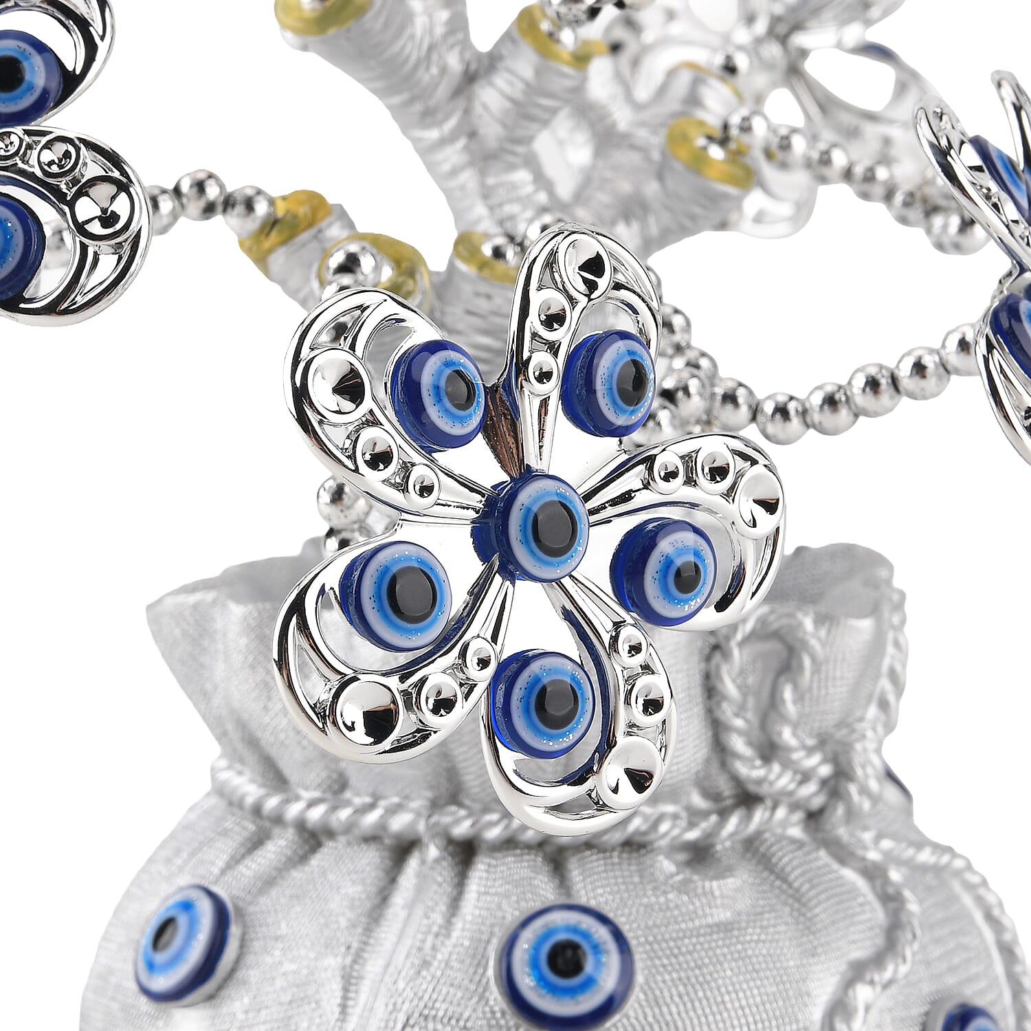 Resin Feng Shui Fortune Tree with Blue Flower (20 x 9 cm) - Silver