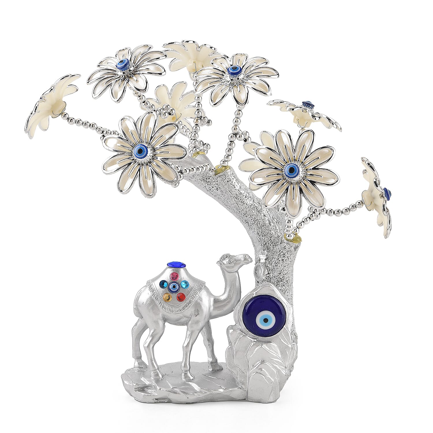 Resin Camel Feng Shui Fortune Tree with Flower (20 x 9 cm) - Silver