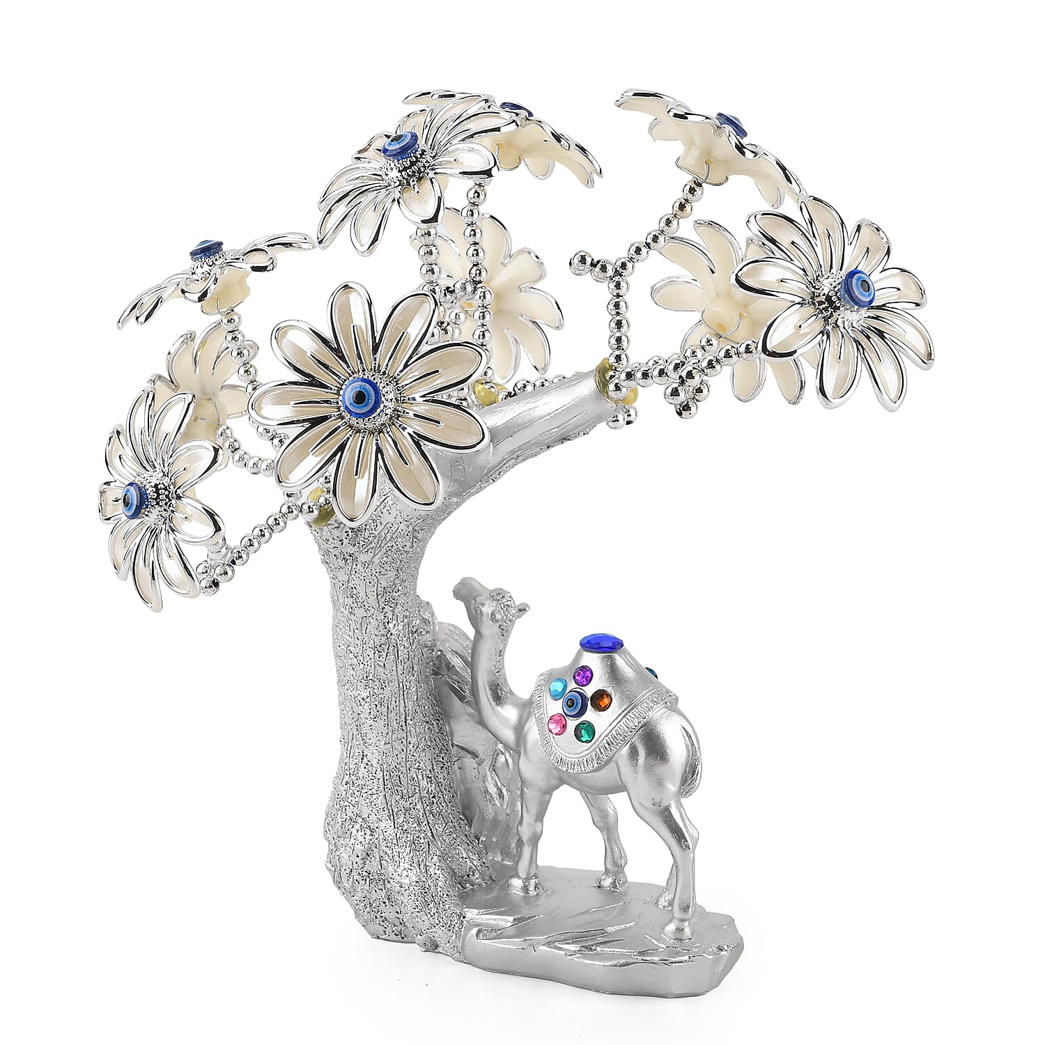 Resin Camel Feng Shui Fortune Tree with Flower (20 x 9 cm) - Silver