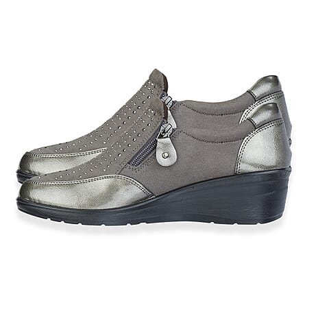 Jo-Joe Jessica Wedge Shoe With Metallic Trim - Zip (Size 4) - Pewter