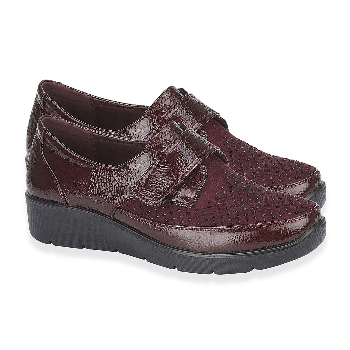 Jo & Joe Ladies lightweight wedge Derbies with diamonte trim and velcro tab