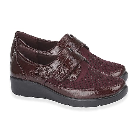 THE DIAMANTE COLLECTION - Jo - Joe Ladies lightweight wedge Derbies with diamonte trim and velcro tab (Size - 4) - Burgundy