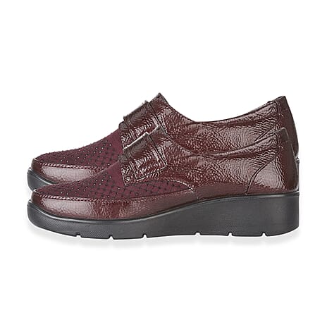 Jo - Joe Ladies lightweight wedge Derbies with diamonte trim and velcro tab (Size - 5) - Burgundy
