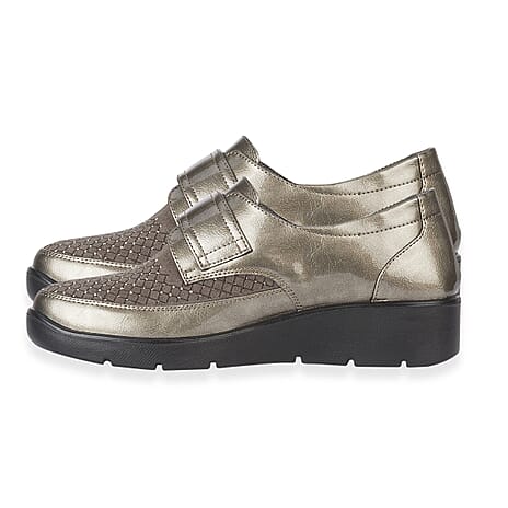 Jo - Joe Ladies lightweight wedge Derbies with diamonte trim and velcro tab (Size - 4) - Pewter