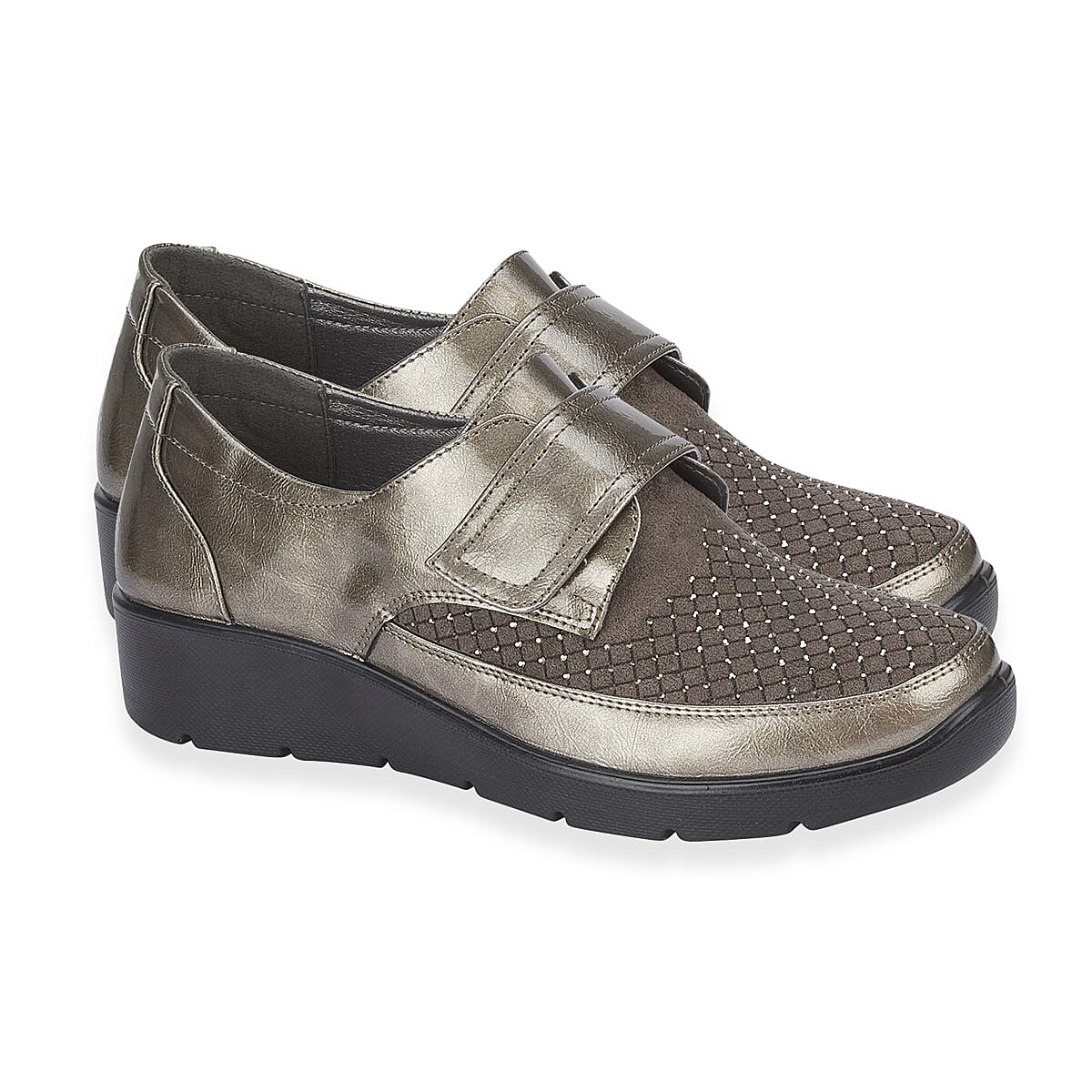 Jo & Joe Ladies lightweight wedge Derbies with diamonte trim and velcro tab