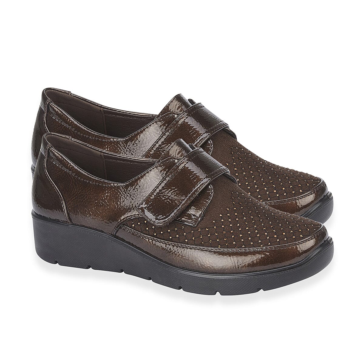 Jo & Joe Ladies lightweight wedge Derbies with diamonte trim and velcro tab