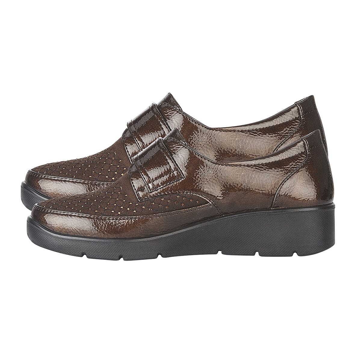 Jo & Joe Ladies lightweight wedge Derbies with diamonte trim and velcro tab