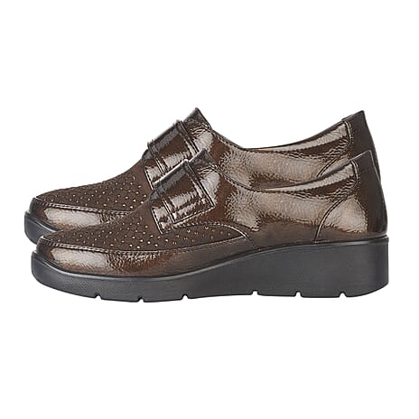 Jo - Joe Ladies lightweight wedge Derbies with diamonte trim and velcro tab (Size - 4) - Brown