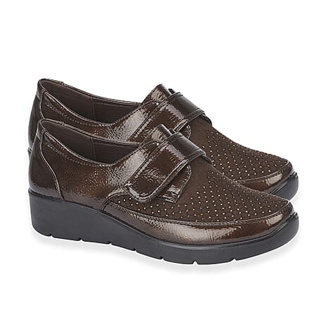 Jo - Joe Ladies lightweight wedge Derbies with diamonte trim and velcro tab (Size - 5) - Brown
