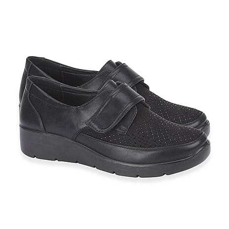Jo - Joe Ladies lightweight wedge Derbies with diamonte trim and velcro tab (Size - 4) - Black