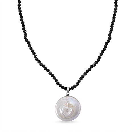White Keshi Pearl, Black Spinel Beads Necklace Pure White Stainless Steel  50.000  Ct.