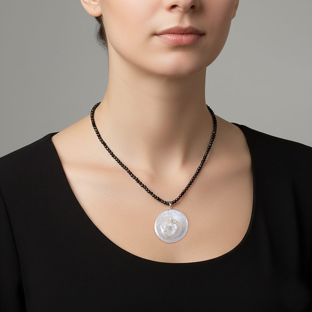 White Coin Pearl & Black Spinel Necklace (Size - 18-2 Inch Ext) 50.00 Ct.