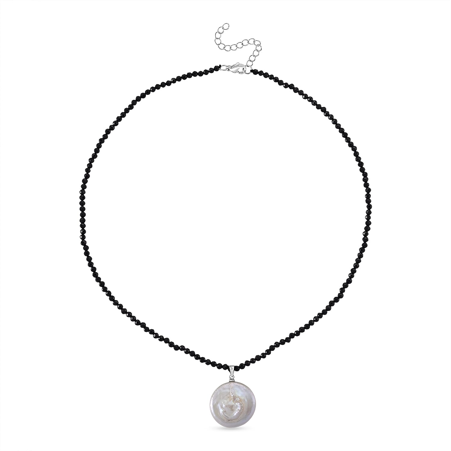White Coin Pearl & Black Spinel Necklace (Size - 18-2 Inch Ext) 50.00 Ct.