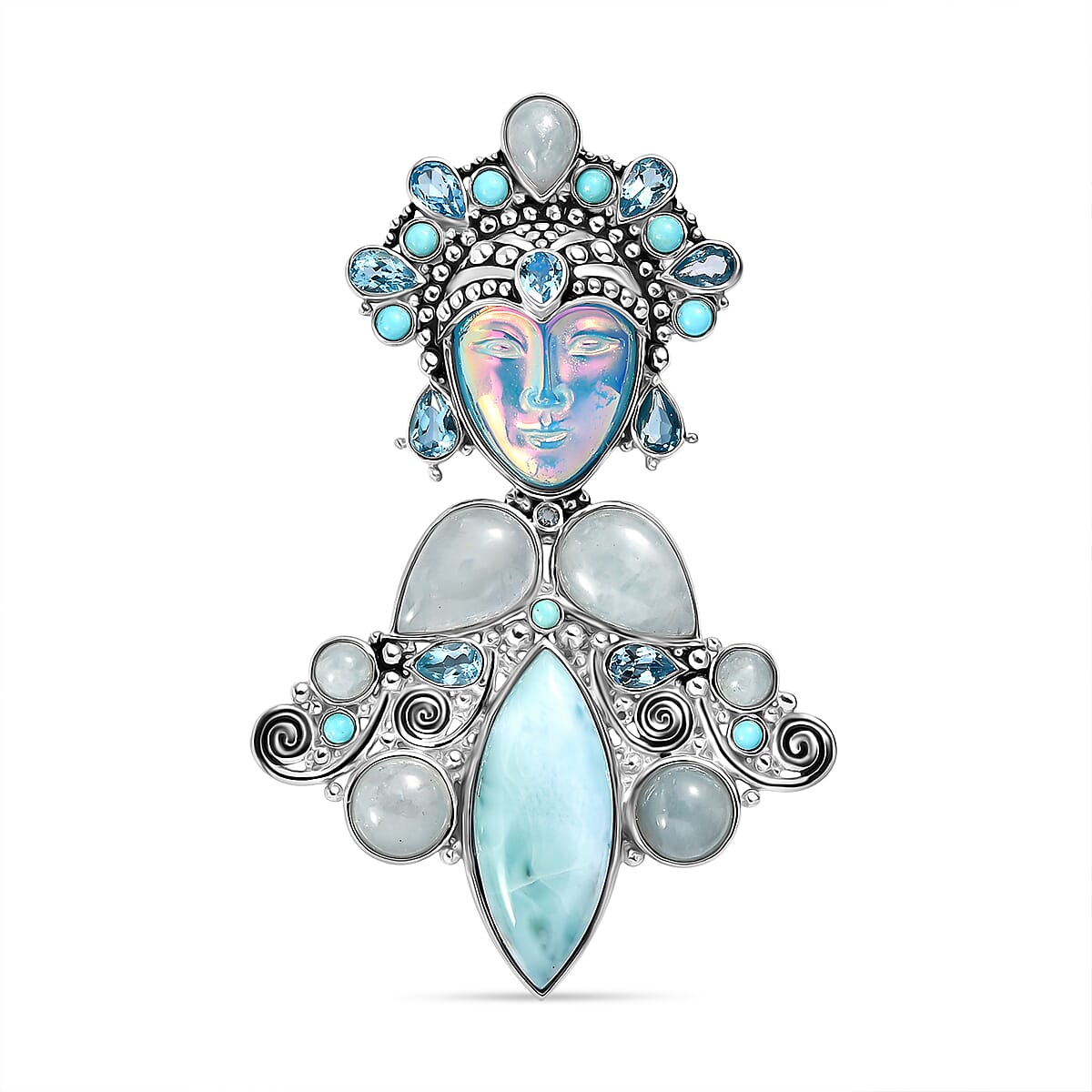 D'Joy Optic Fiber Pink Pearl Coating & Multi Gemstones Pendant in Rhodium Overlay Sterling Silver 29.36 Ct, Silver Wt. 13.20 Gms.