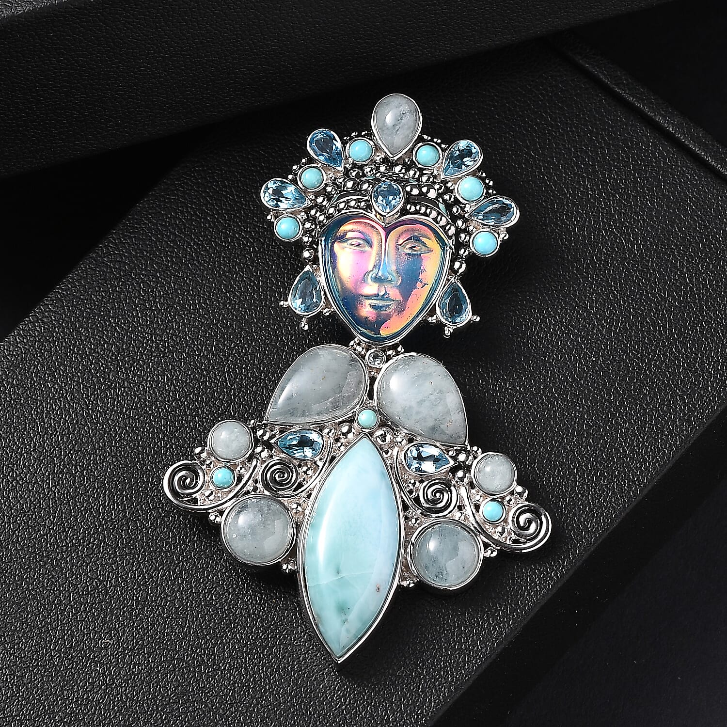 D'Joy Optic Fiber Pink Pearl Coating & Multi Gemstones Pendant in Rhodium Overlay Sterling Silver 29.36 Ct, Silver Wt. 13.20 Gms.