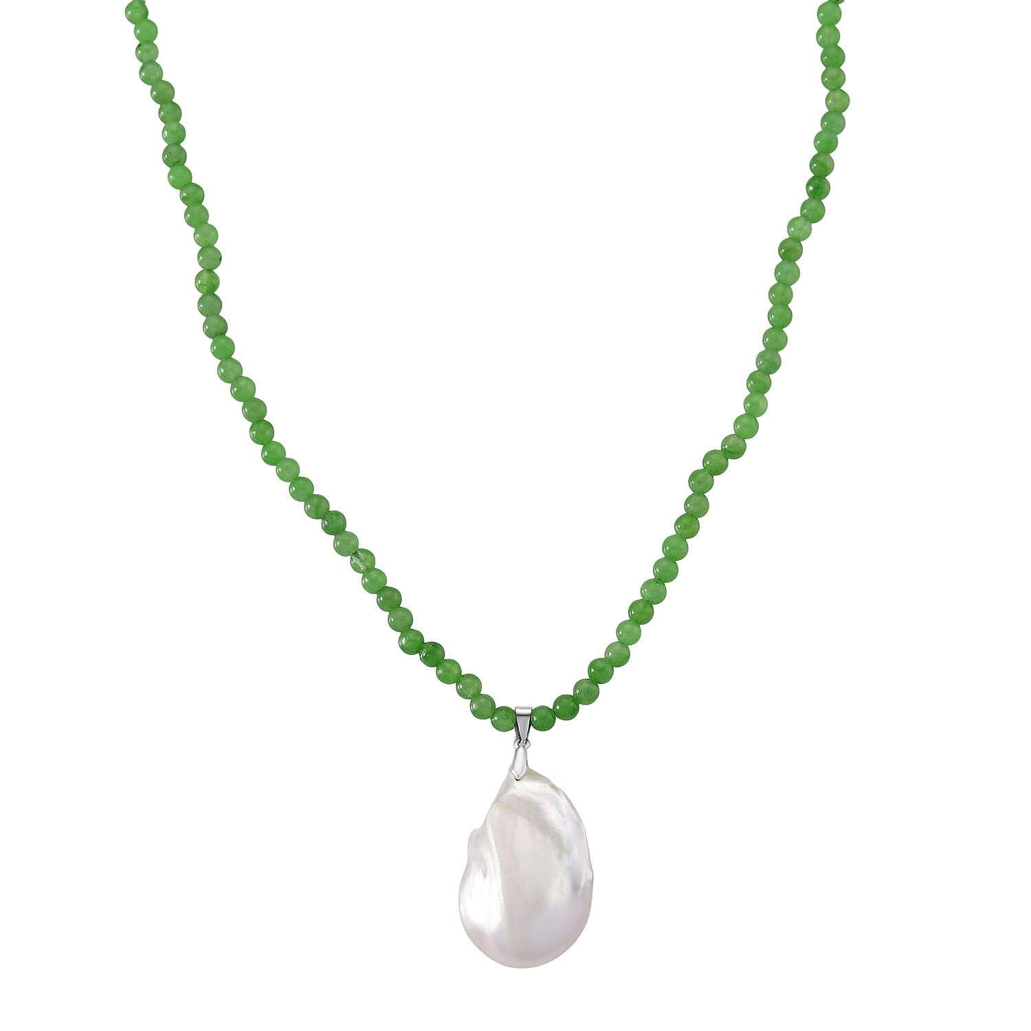D'Joy White Baroque Pearl & Green Jade Beads Necklace (Size 20 - 2 Ext) in Rhodium Overlay Sterling Silver 140.00 Ct.
