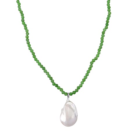 D'Joy White Baroque Pearl & Green Jade Beads Necklace (Size 20 - 2 Ext) in Rhodium Overlay Sterling Silver 140.00 Ct.