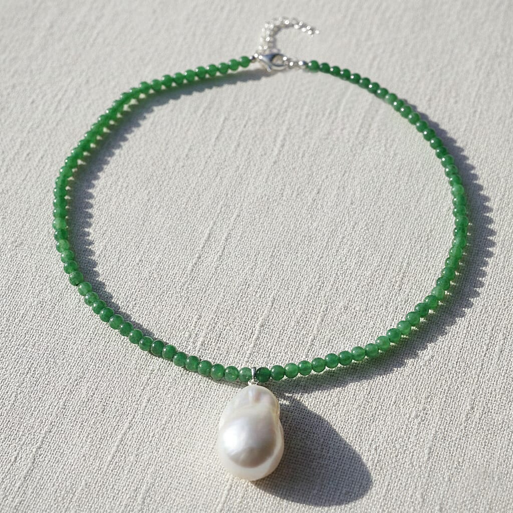 D'Joy White Baroque Pearl & Green Jade Beads Necklace (Size 20 - 2 Ext) in Rhodium Overlay Sterling Silver 140.00 Ct.