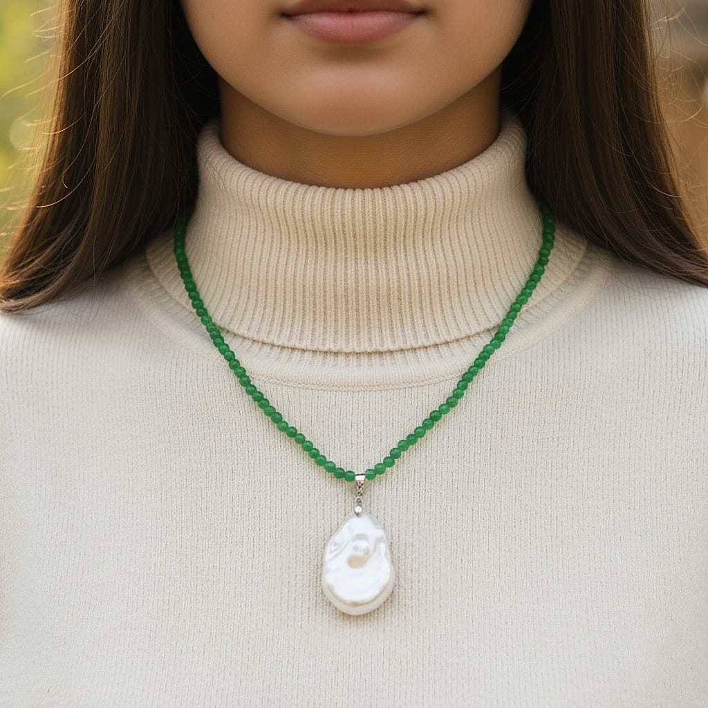 D'Joy White Baroque Pearl & Green Jade Beads Necklace (Size 20 - 2 Ext) in Rhodium Overlay Sterling Silver 140.00 Ct.