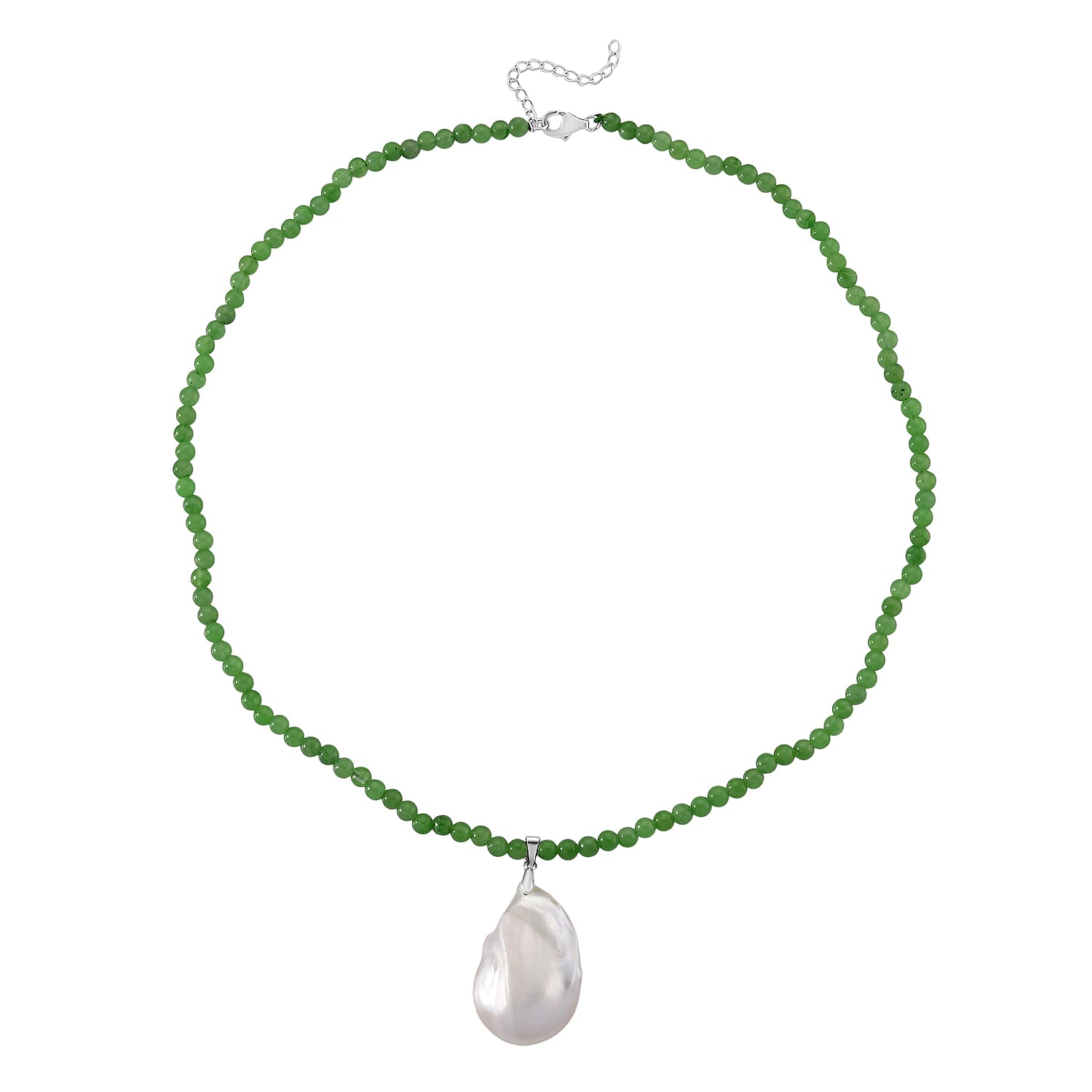 D'Joy White Baroque Pearl & Green Jade Beads Necklace (Size 20 - 2 Ext) in Rhodium Overlay Sterling Silver 140.00 Ct.