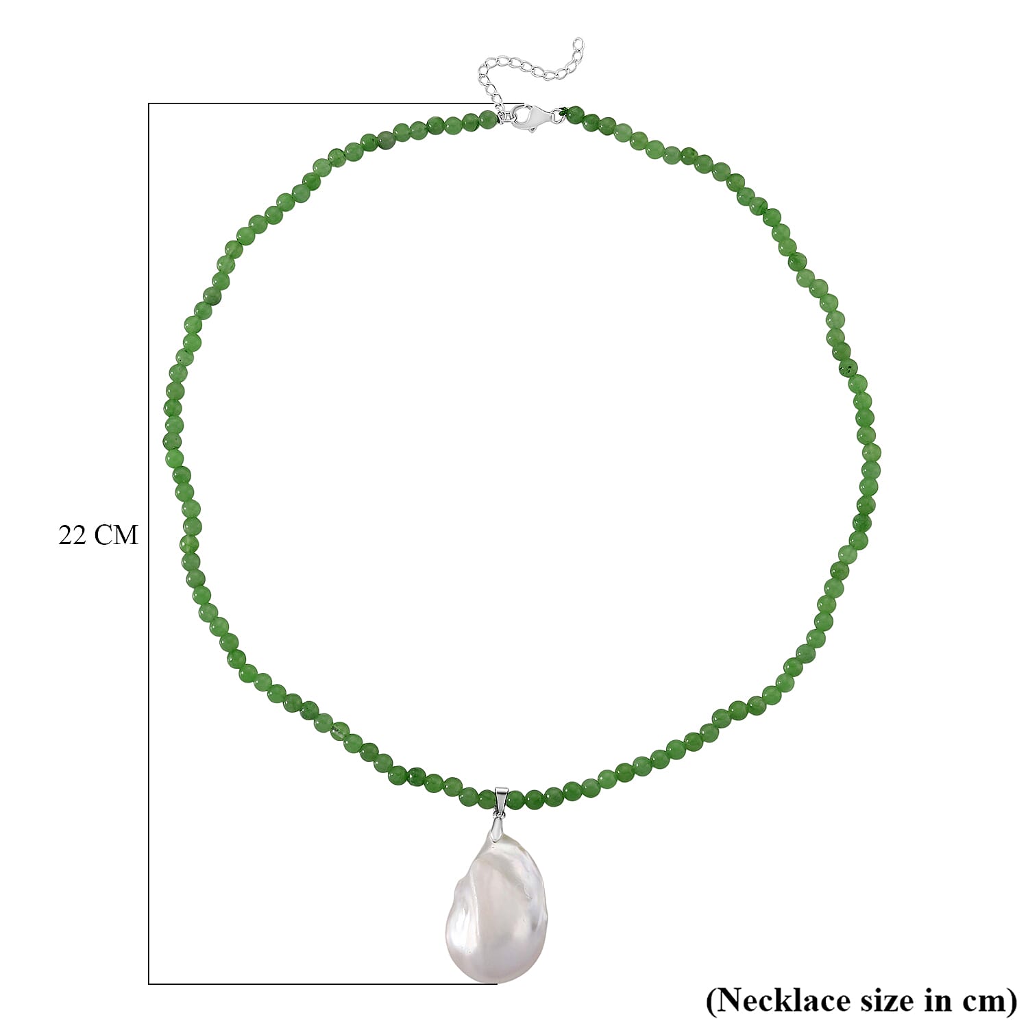 D'Joy White Baroque Pearl & Green Jade Beads Necklace (Size 20 - 2 Ext) in Rhodium Overlay Sterling Silver 140.00 Ct.