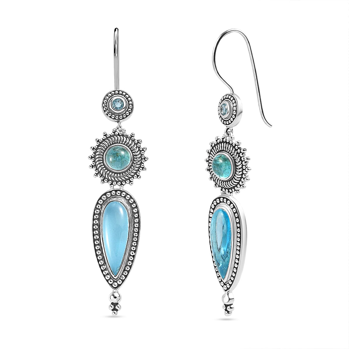 Sajen Silver - Blue Topaz, Apatite & Aquamarine Color Quartz Earring in Rhodium Overlay Sterling Silver 8.50 Ct, Silver Wt. 11.05 Gms.