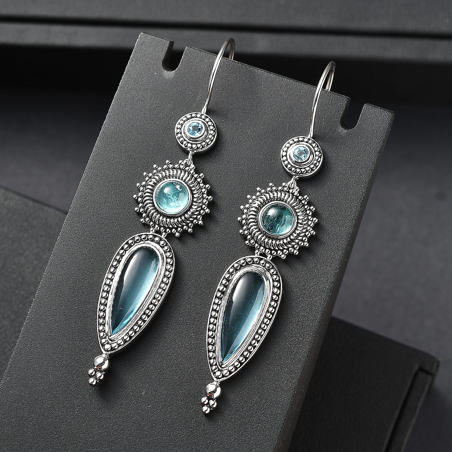 Sajen Silver - Blue Topaz, Apatite & Aquamarine Color Quartz Earring in Rhodium Overlay Sterling Silver 8.50 Ct, Silver Wt. 11.05 Gms.
