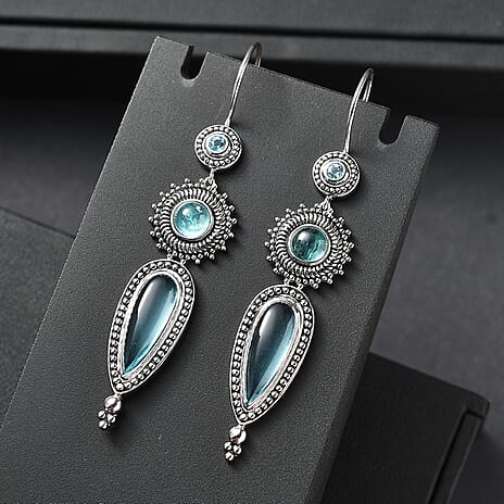 Sajen Silver - Blue Topaz, Apatite & Aquamarine Color Quartz Earring in Rhodium Overlay Sterling Silver 8.50 Ct, Silver Wt. 11.05 Gms.